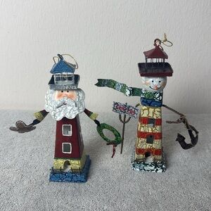 Lighthouse Santa and Snowman Tin Christmas Ornaments Coastal Beach Holiday